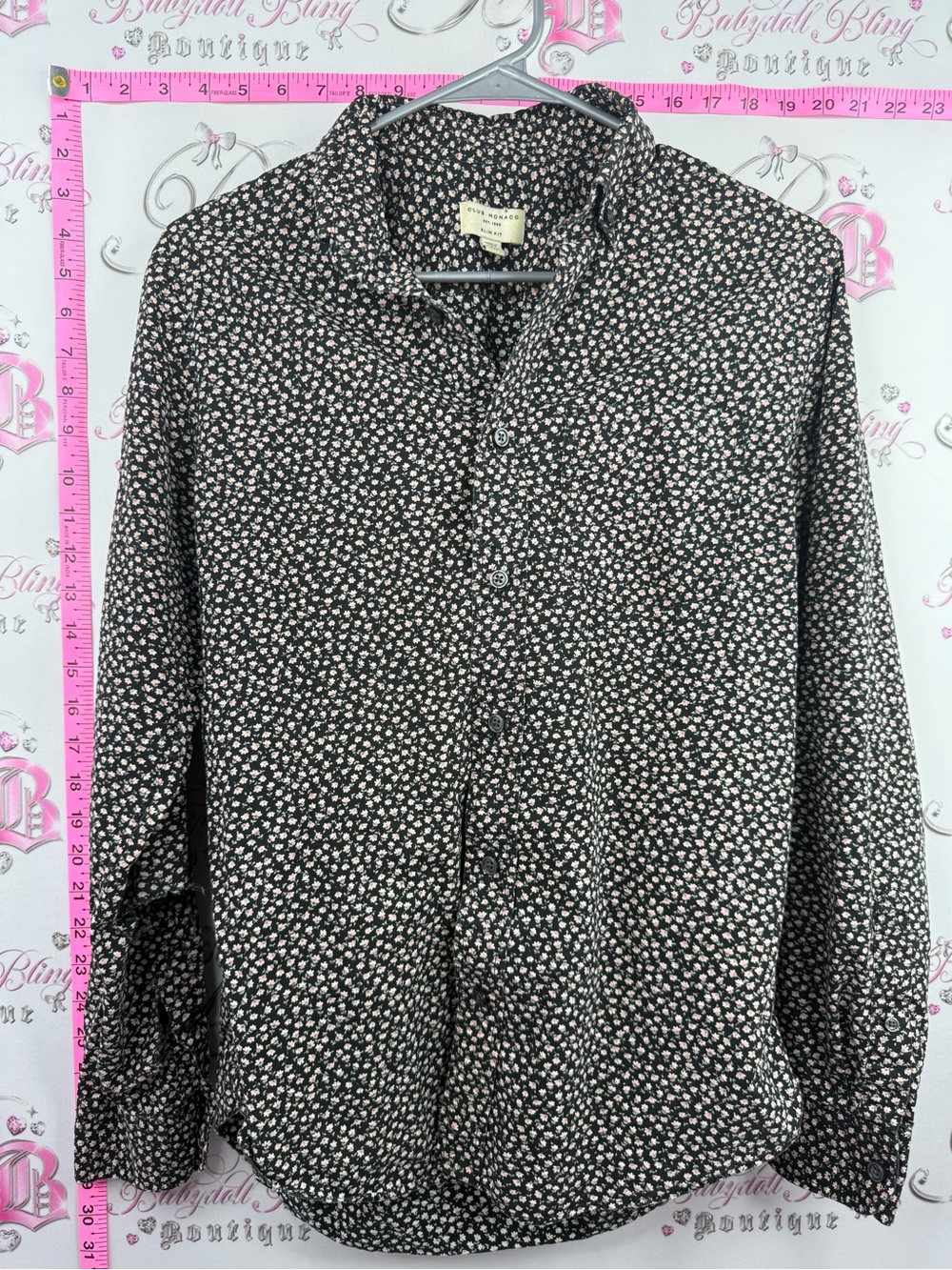 Club Monaco Black Button-Down Shirt with Small Cream Floral Print